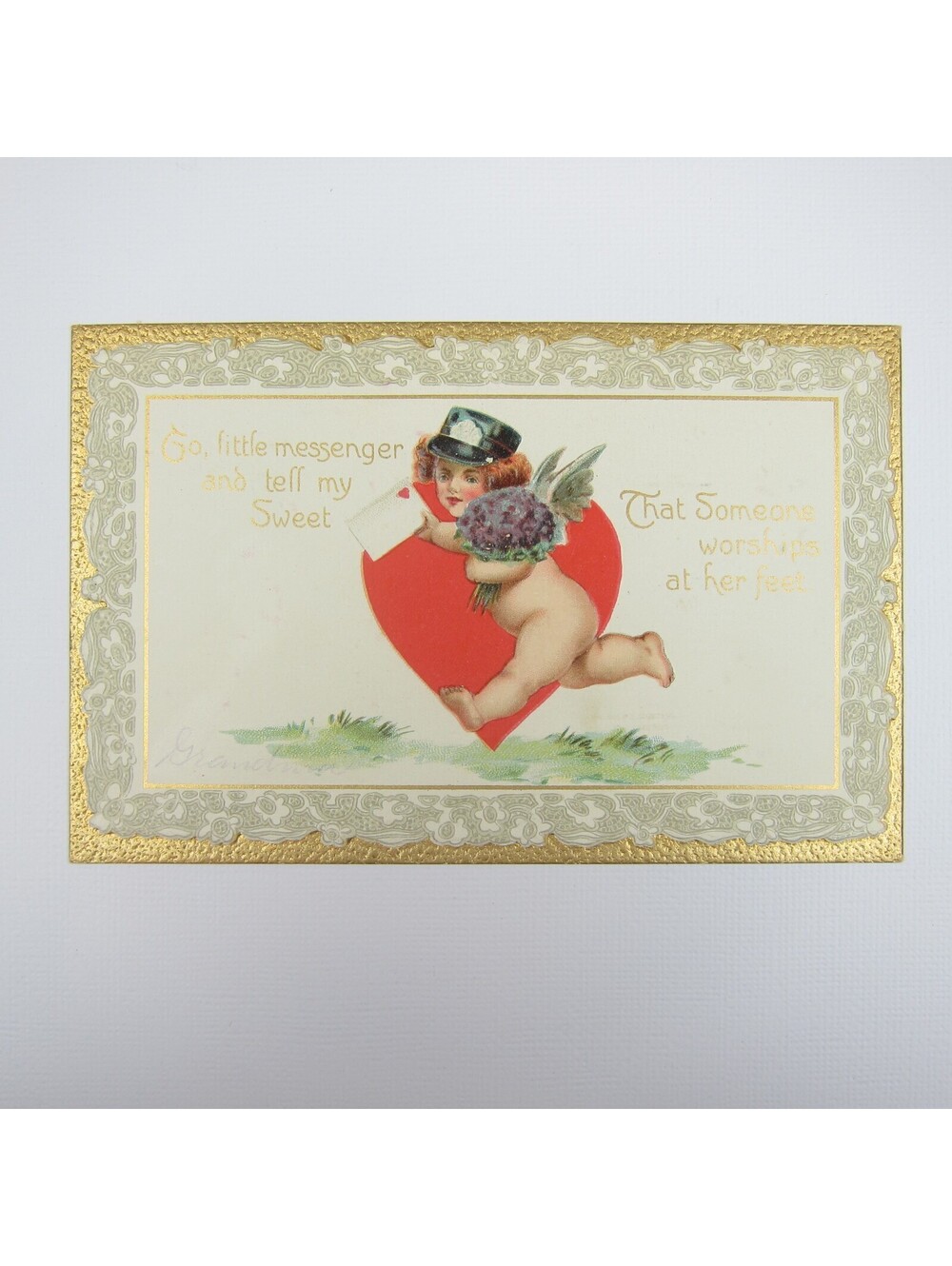 Tuck Postcard Valentine Cupid Mailman Postal Worker Heart Gold Embossed UNPOSTED